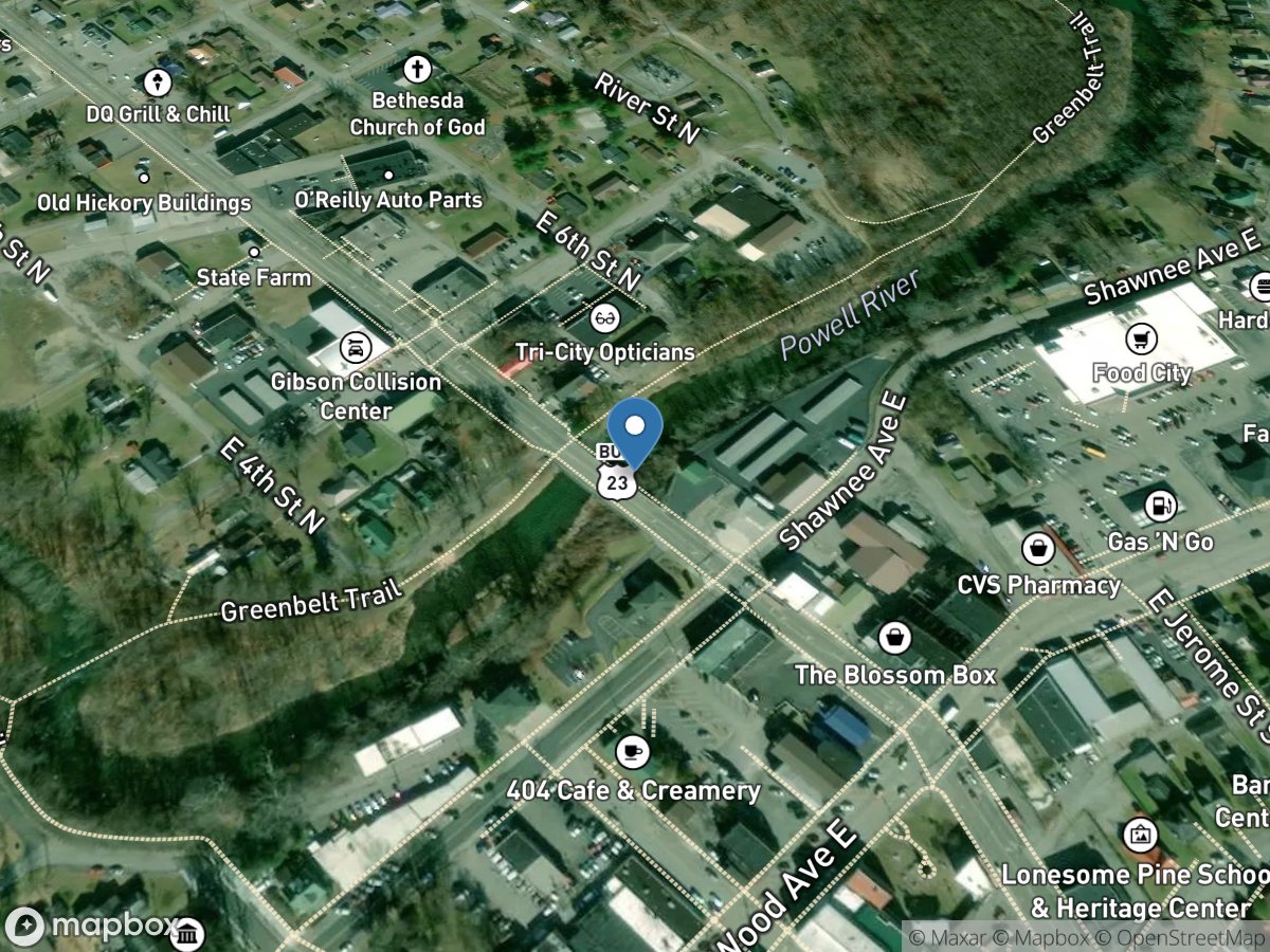 Powell River at Big Stone Gap, VA location