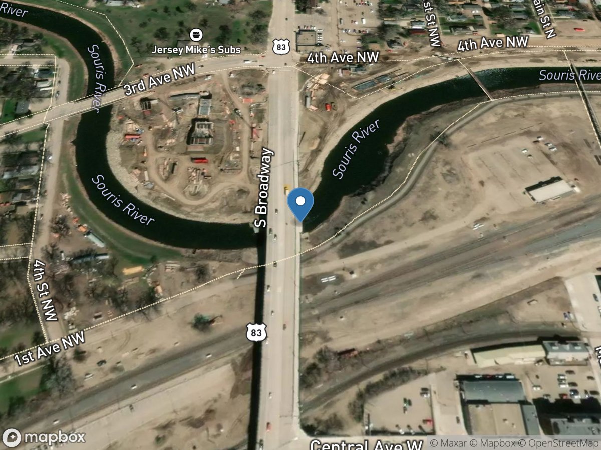 Souris River at Broadway Bridge at Minot, ND location