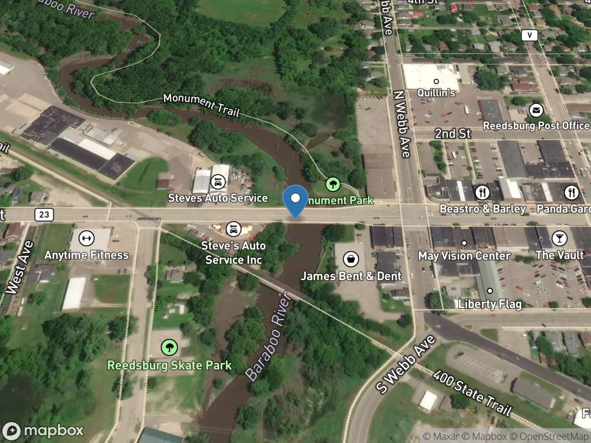 Baraboo River at Main Street at Reedsburg, WI location